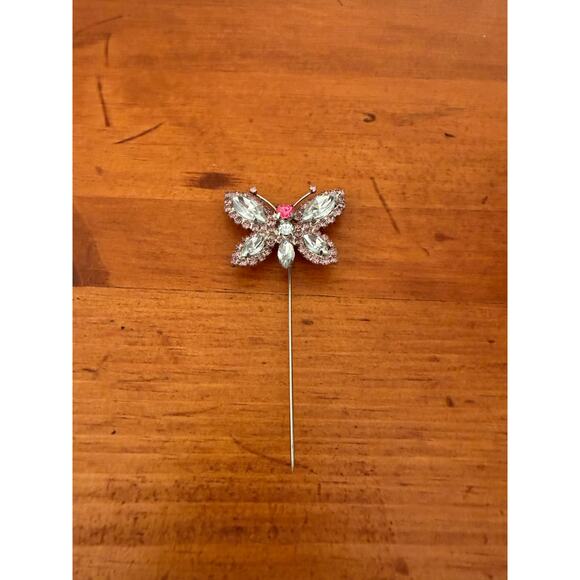 Vintage Butterfly Stick Pin Pink & Clear Gemstones Unique Eye-Catching Design - Picture 2 of 12